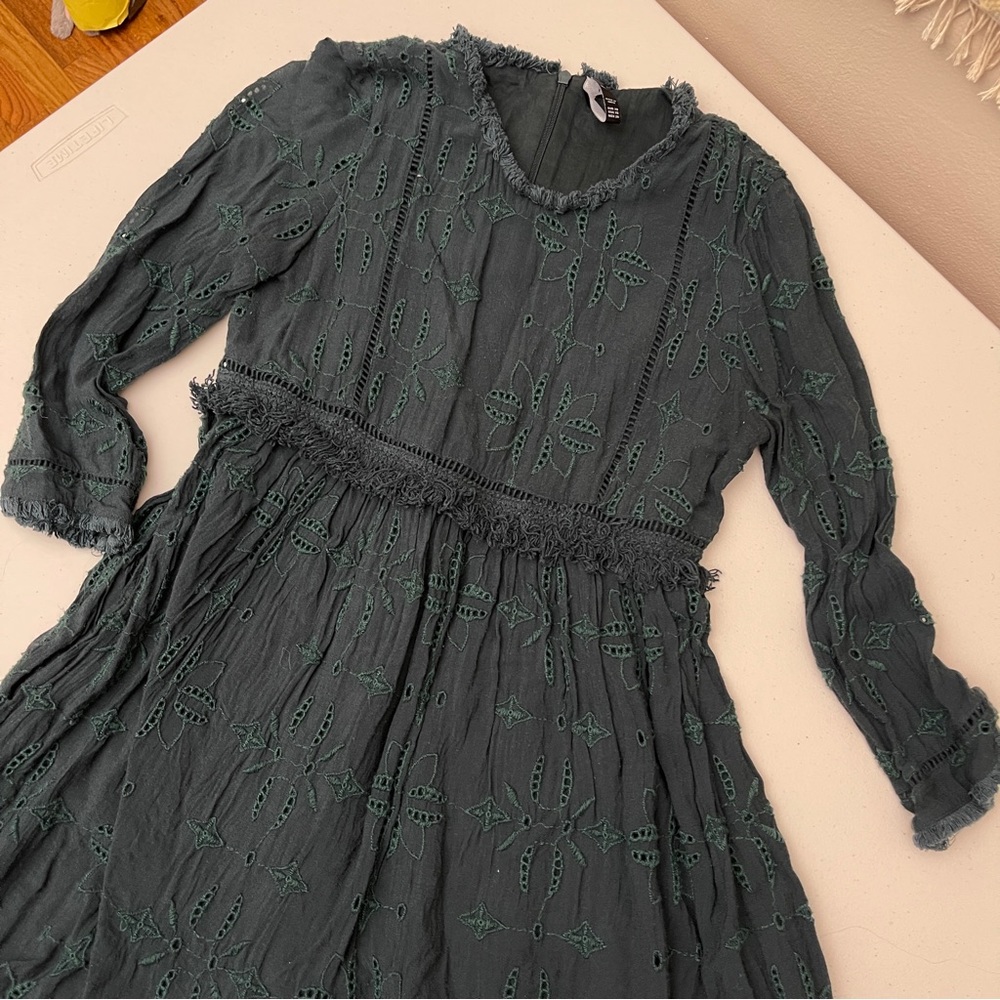 Zara embroidered three quarters sleeve shirt fringe detail long shirt XS